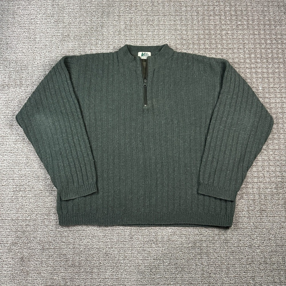 Vintage REI Mens 100% Virgin Wool Quarter Zip Ribbed Sweater Forest Green Large
